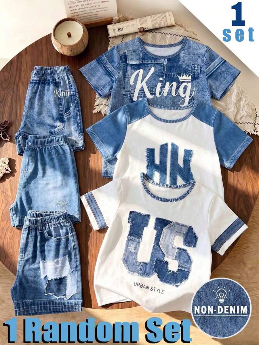 1 Random Set , Series Pattern Printed Casual Fashion Crew Neck Short Sleeve T-Shirt With Shorts, School Clothes Suitable For Daily Wear - Multicolor - View 1
