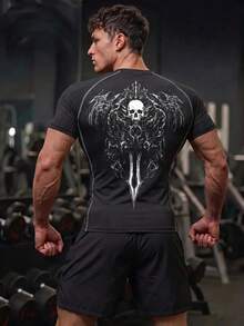 GymBeat Men's Skull Print Round Neck Short Sleeve Compression T Shirt,Black Summer Goth Gym Workout Shirt,Casual Lightweight Rash Guard For Daily & Sports - Black - View 2
