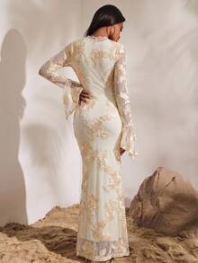 Opulessa Women's Elegant Party Dinner Floral Embroidered Mesh Dress Wedding White Floral Autumn - Yellow - View 2