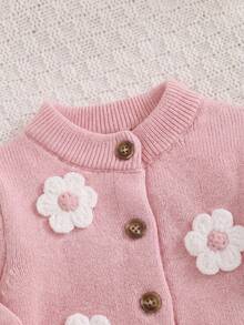 SHEIN 新生兒可愛3D花朵針織開襟衫與秋冬長褲套裝 - 粉色 - 查看 5