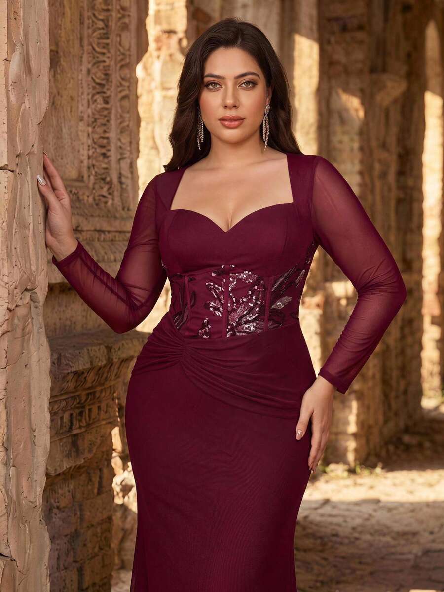 Aureia Plus Size Elegant Burgundy Diamond Neckline Long Sleeve Sequin Mermaid Maxi Dress Fall Wedding Guest Party Dress And Evening Gown Special Occasion