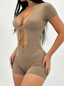INAWLY Solva Women's Summer Fashion Sexy Solid Color Tie-Strap Short Sleeve Jumpsuit - Khaki - View 1