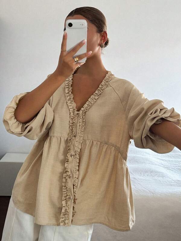 DAZY Blusa casual de mujer de unicolor con ribete de volantes para otoño