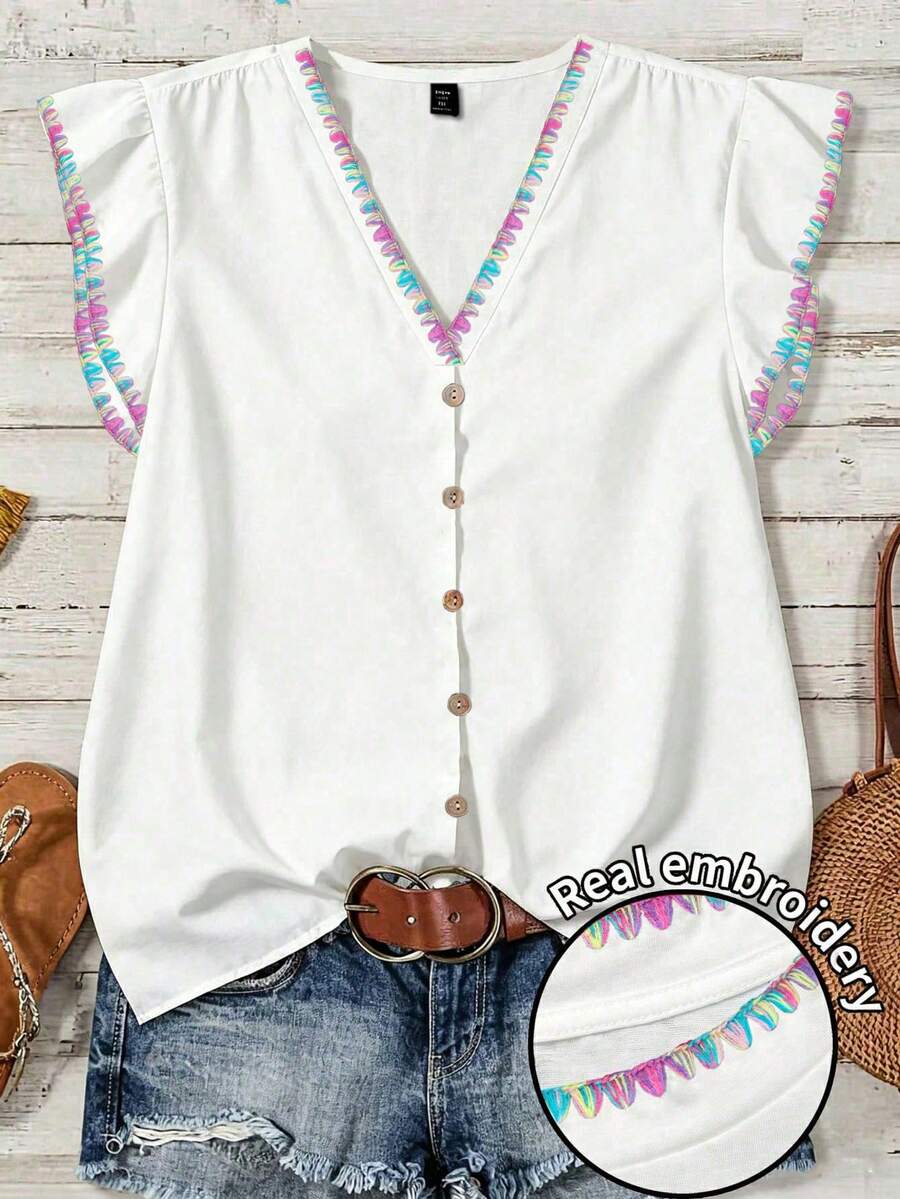 EMERY ROSE Camisa de mujer con bordado y abotonadura, casual y minimalista, adecuada para el verano - Multicolor - Ver 1