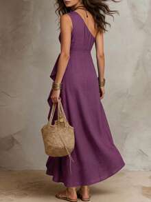 Solivie Women's Solid Color One Shoulder Ruffle Casual Party Long Dress - Purple - View 2