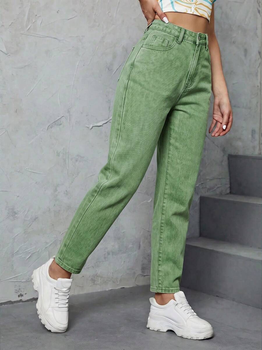 SHEIN ICON Casual Washed High Waist Tapered Jeans - Army Green - View 1