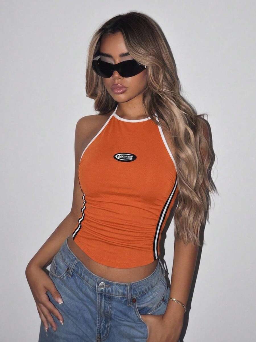 SHEIN ICON 夏季 Y2k 女款橘色外出字母百褶休閒掛脖背心上衣,夏季上衣 - 橘色 - 查看 1
