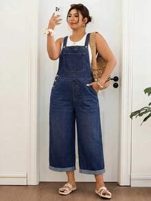 Lounesse Plus Size Dark Wash Denim Capri Overalls, Side Button Detail Cuffed Raw Hem Loose Wide Leg Cropped Jumpsuit,Summer,Fall,Halloween,Back To School,Beach - Blue - View 7