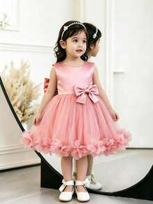 SHEIN Glamorique Kids 女嬰公主禮服大蓬裙 派對生日夏季花童裙 灰粉色蓬鬆薄紗婚禮裙 V領露背 大蝴蝶結 優雅款 - 藕粉色 - 查看 3