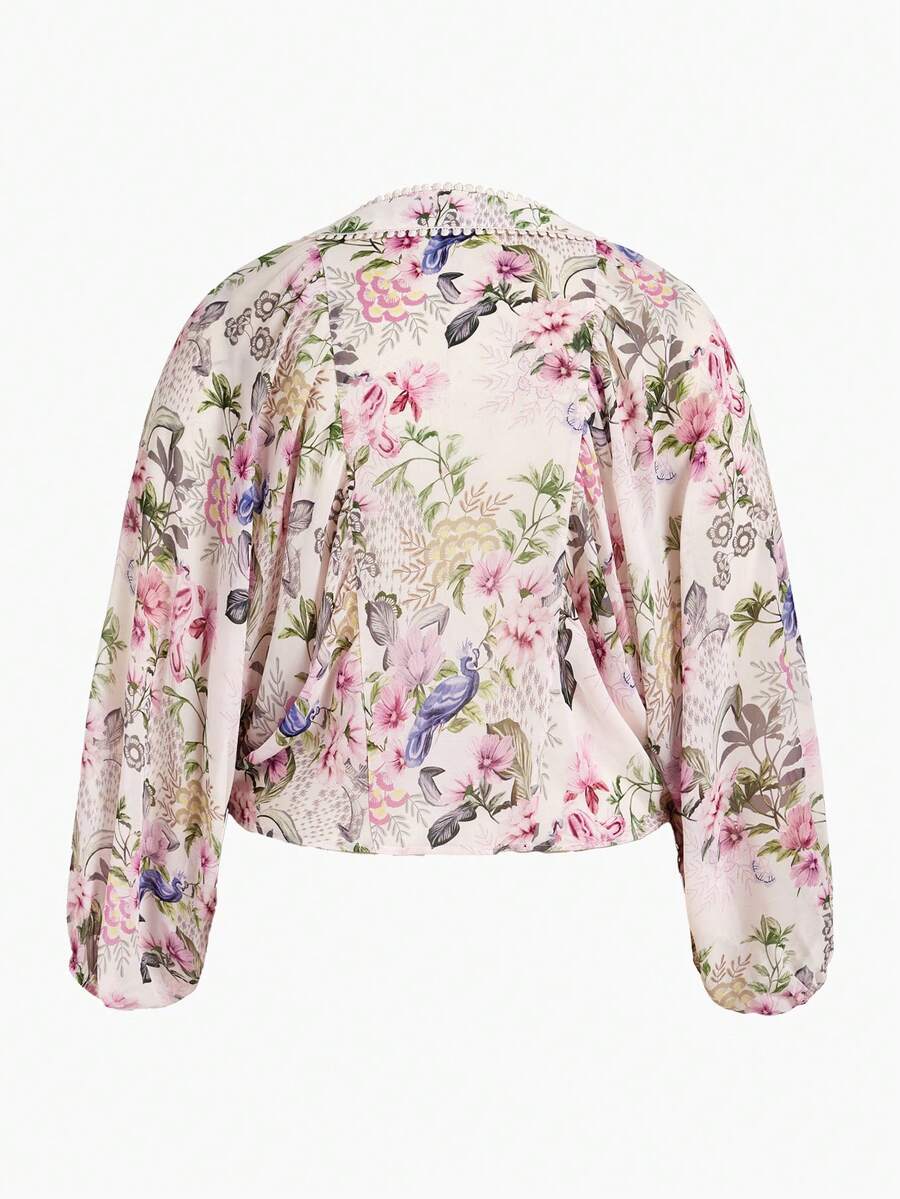 MOTF PREMIUM PLUS SIZE WOMEN'S ROMANTIC FLORAL PRINT BLOUSE, SPRING/SUMMER FALL - Pink - View 2