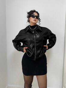 POPSWAY Plus Size Zip Up Solid PU Leather Collar Jacket, Long Sleeve, For Winter Fall Cloth For Women Autumn - Black - View 3