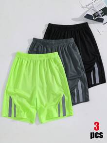 SHEIN 3件組兒童青少年男孩休閒運動寬鬆短褲套裝，萊姆綠，夏季，健身房，灰黑色運動服，Y2K風格，適合春夏的男孩兒童套裝 - 彩色 - 查看 5