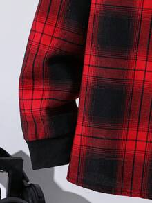 SHEIN 兒童青少年男孩休閒紅色格紋連帽襯衫，基礎上衣，聖誕襯衫，適合秋季、學校、家庭聚會，秋季穿搭，冬季穿搭 - 彩色 - 查看 5