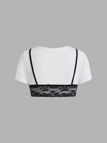 SHEIN ICON Women's Summer Crop Sleeve Contrast Lace Cropped T-Shirt With Round Neck - Black and White - View 2