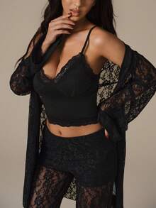 Lumalex 3pcs Sexy Lace Robe, Sweetheart Collar Camisole & Lace Pants Women Sleepwear Set - Black - View 5