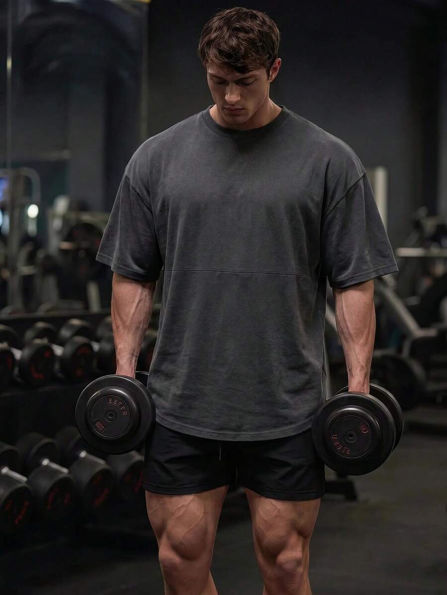 GymBeat 男士素色短袖休閒健身運動T恤,健身房夏季款 - 深灰色 - 查看 1