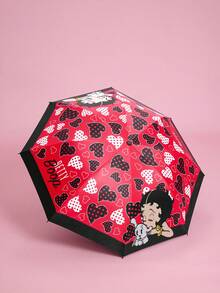 Betty Boop x SHEIN 復古美式卡通折疊傘，滿版 與愛心波點印花，折疊後口袋尺寸，遮陽防雨雙用，防風設計，適合購物與戶外旅行 - 紅黑色 - 查看 2
