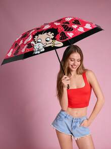 Betty Boop x SHEIN 復古美式卡通折疊傘，滿版 與愛心波點印花，折疊後口袋尺寸，遮陽防雨雙用，防風設計，適合購物與戶外旅行 - 紅黑色 - 查看 3