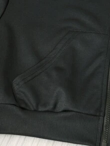 SHEIN Genkimix Kids 2件組 青少年女孩套裝 連帽長袖前開拉鍊短版外套，腰部與袖口收緊，搭配鬆緊腰寬鬆寬腿休閒運動長褲，秋冬款 - 深灰色 - 查看 4