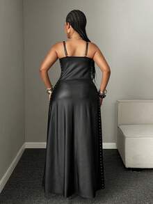 Mawevolt Wet Look Satin Lace Cutout Maxi Slip Dress - Y2K Goth Style - Black - View 2