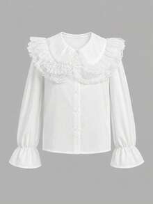 SHEIN 少女大領蕾絲飾邊串珠彼得潘領長袖紋理襯衫 - 白色 - 查看 3
