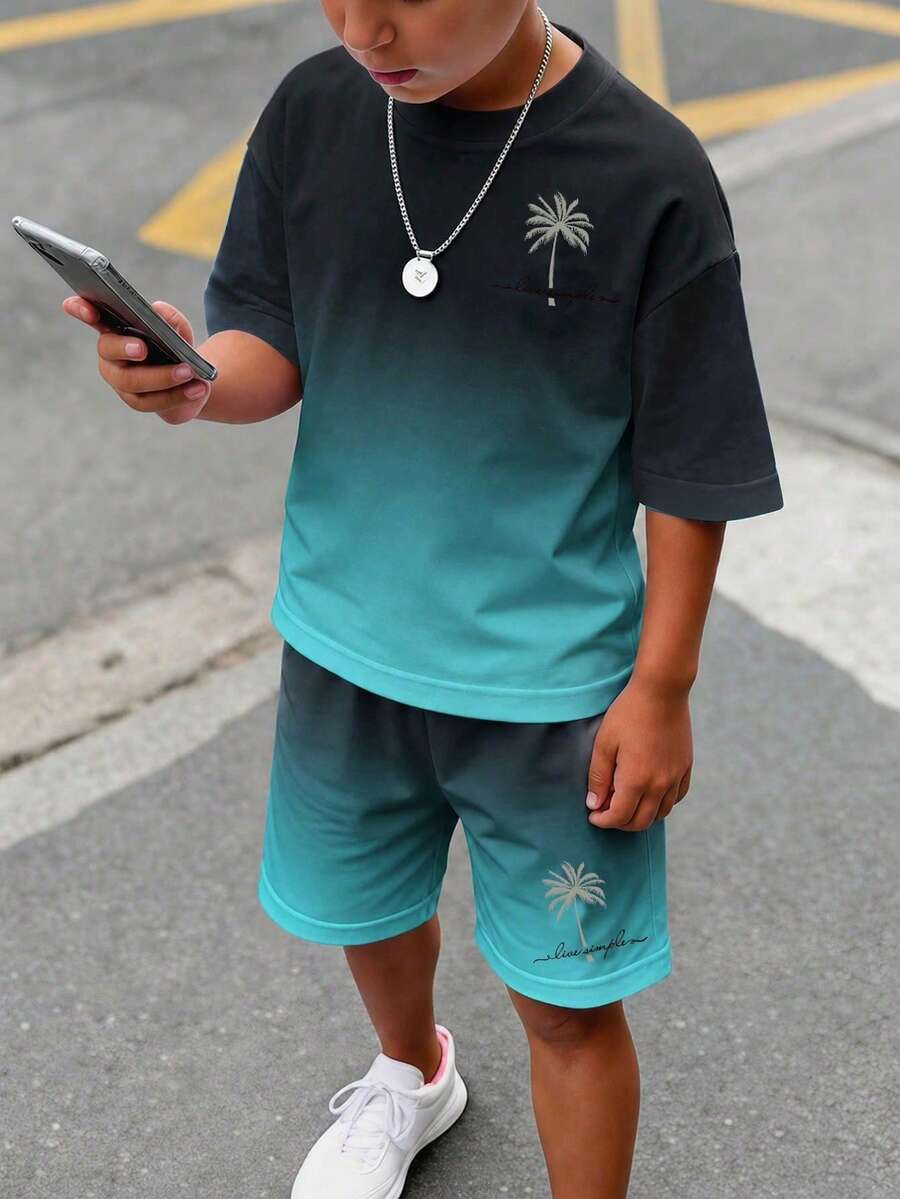 兒童青少年男孩休閒舒適時尚簡約圓領短袖T恤與短褲套裝 - 彩色 - 查看 1