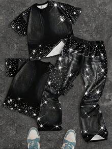 SHEIN 2件組青少年男孩休閒極簡風T恤套裝，經典酷感星星與閃亮珍珠印花，Y2K - 彩色 - 查看 8