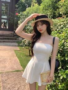 SHEIN MOD 女款白色無肩帶喇叭洋裝 - 白色 - 查看 4