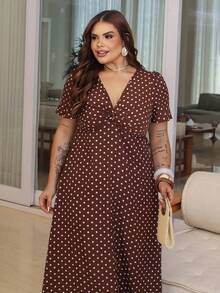 Bibi Tomais Plus Size Polka Dot Print Twist Knot Casual Vacation Dress - Coffee Brown - View 5