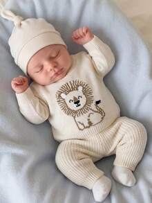 SHEIN Kids Kids Newborn Cartoon Pattern Sweater & Knitted Autumn Winter Pants Set Neutral Baby - Apricot - View 3
