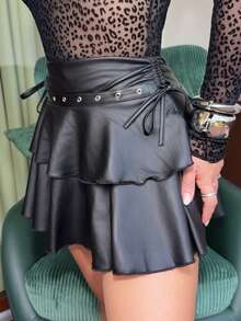 Jeta Ari Rok Mini Ruffle Gaya Gothic untuk Wanita, Cocok untuk Musim Panas, Pesta Malam, dan Festival, Rok Mikro Gaya Gothic - Hitam - View 4