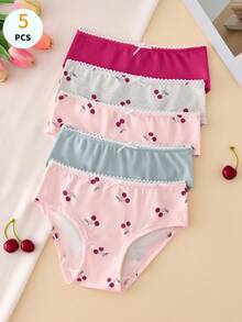 5pcs Fresh Contrast Color Cherry Print Girls Panties Set - Multicolor - View 7