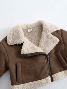 SHEIN Mommy And Me 卡其色保暖内衬拉链翻领夹克，适合户外、派对、雪地玩耍、秋冬季 - 棕色 - 查看 2