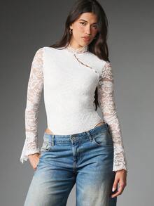 MISSGUIDED Floral Lace High Neck Long Sleeve Crop Top With Bell Cuffs Rhinestone Button Detail Semi Sheer Elegant Bodysuit Blouse - White - View 2