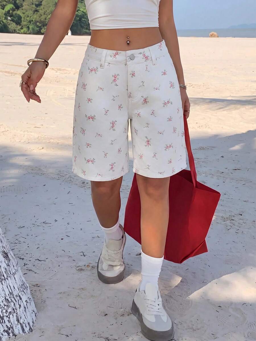 SHEIN PETITE 女款碎花口袋寬鬆休閒百慕大牛仔短褲 - 彩色 - 查看 1