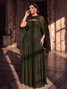 Aureia Plus Size Elegant Classy Olive Green Strapless Ruched Applique Shawl Asymmetrical A-Line Dress Wedding Formal Evening Dinner Winter - Army Green - View 1