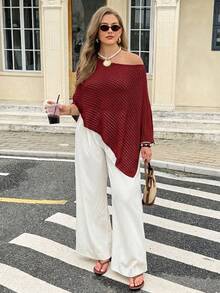 Easura 女款春夏秋時尚休閒不規則鏤空露肩寬鬆顯瘦大尺碼長袖套頭針織上衣，外穿、海灘、度假 - 酒紅色 - 查看 6