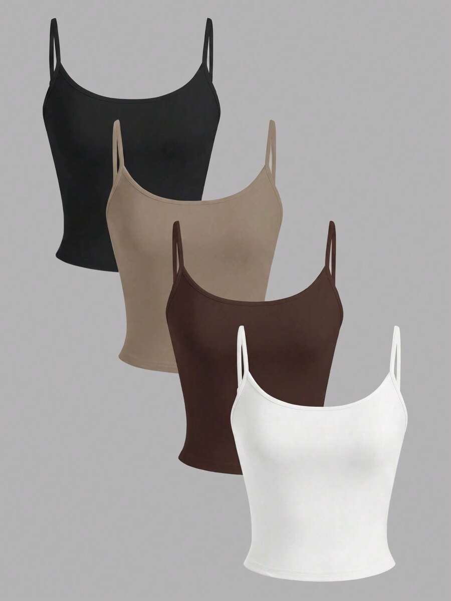 SHEIN PETITE 4件組女款休閒純色百搭細肩帶背心上衣套裝 - 彩色 - 查看 1
