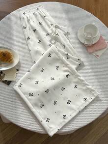 Elamini Sweet Cute Lace Trim Patchwork Bow Print Casual Commuter Wide Leg Long Pants - White - View 4