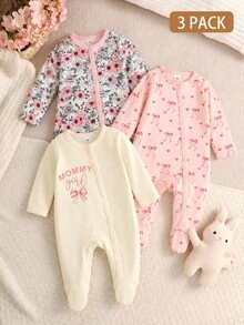 SHEIN 3件組新生兒女嬰可愛Y2K花朵愛心蝴蝶結印花長袖連身衣套裝，柔軟舒適連腳連身褲羅馬裝，秋季日常穿著 - 彩色 - 查看 3