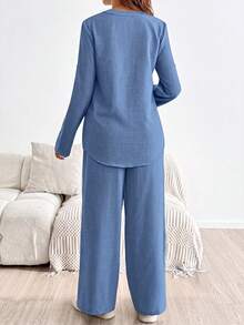 SHEIN Maternity Button-Front Half-Placket Long Sleeve Top And Adjustable Waist Long Pants 2 Pieces Set Fall - Baby Blue - View 7