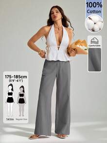 SHEIN Tall 100%水洗棉低腰直筒長褲，適合高個女性 - 灰色 - 查看 6