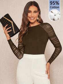 Amorya Women's Fashion Versatile Pleated Mesh Patchwork Top For Commute - Coffee Brown - View 7