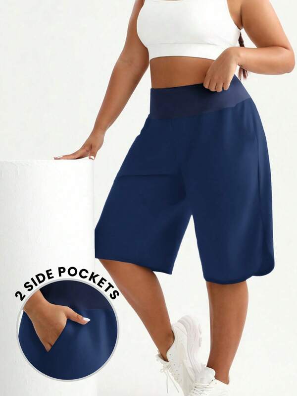 SHEIN Rhythm Era Plus Size Women's Summer Loose High Waist Split Hem Fashion Sports Shorts Gym Navy Blue Athletic Running Pilates
