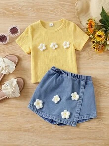 SHEIN Elladie kids 女童休閒可愛圓領標準肩 3D 花朵裝飾 T恤與純色牛仔裙套裝，夏季返校穿搭 - 黃色 - 查看 4