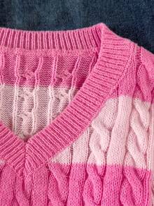 Girls' Striped Colorblock Cable Knit V-Neck Pullover Sweater, Suitable For Autumn/Winter And Outdoor Wear - Pink - View 4