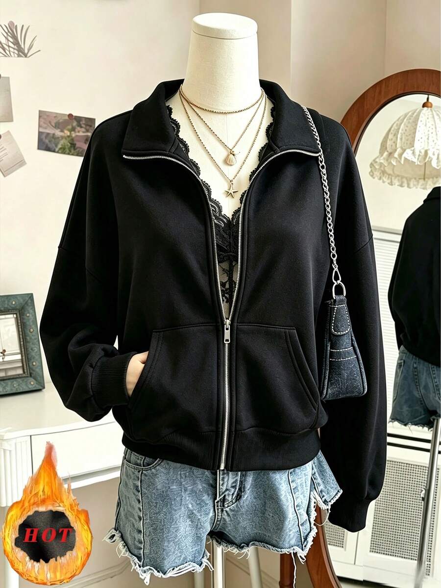 Lalippa Women's Casual Loose Fit Zip-Up Turn Collar Sweatshirt With Color Block Design, Autumn/Winter - Black - View 1