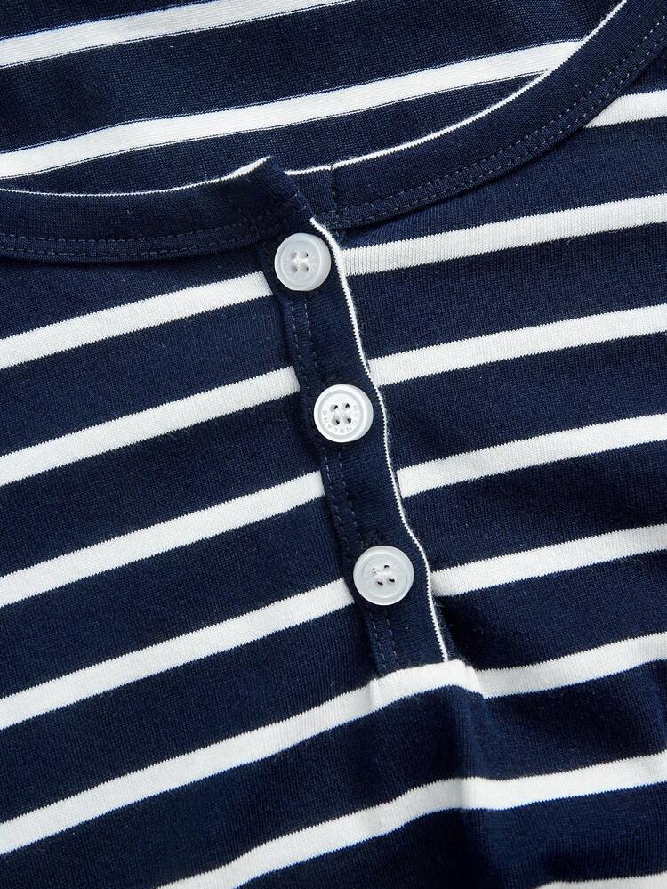 Tseoso Women's New Cotton-Feel Navy Blue Striped 94% Cotton Half-Button T-Shirt, Versatile For All Seasons, Suitable For Early Autumn, Home Wear, Base Layer - Blue and White - View 10