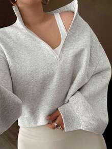 Dazy Plus Sweatshirt Pullover Lengan Panjang Longgar Setengah Resleting Warna Polos Tebal Berlapis Termal untuk Gaya Jalanan, Cocok untuk Musim Gugur/Dingin - Light Grey - View 1