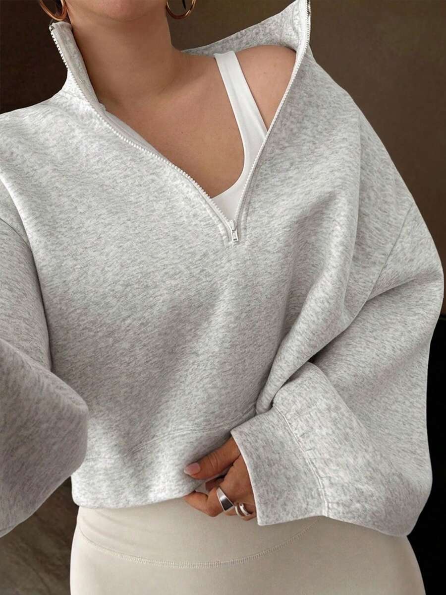 Dazy Plus Sweatshirt Pullover Lengan Panjang Longgar Setengah Resleting Warna Polos Tebal Berlapis Termal untuk Gaya Jalanan, Cocok untuk Musim Gugur/Dingin - Light Grey - View 1